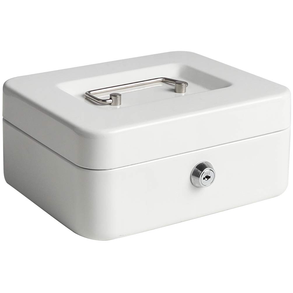 Jssmst Small Cash Box with Key Lock - Durable Metal Money Storage Box with Removable Tray for Home, Office & Retail Use (White, Model CB0105M) - Perfect for Cash Management, Small Business & Personal Savings