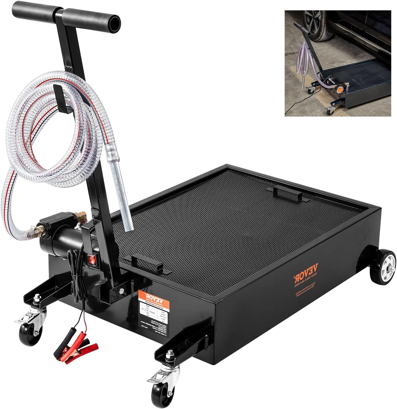 VEVOR 15 Gallon Low Profile Oil Drain Pan with Electric Pump - 8.2ft Hose & Folding Handle - Rolling Oil Change Cart for Trucks, Buses, RVs - Perfect for DIY Auto Maintenance, Fleet Service & Garage Use