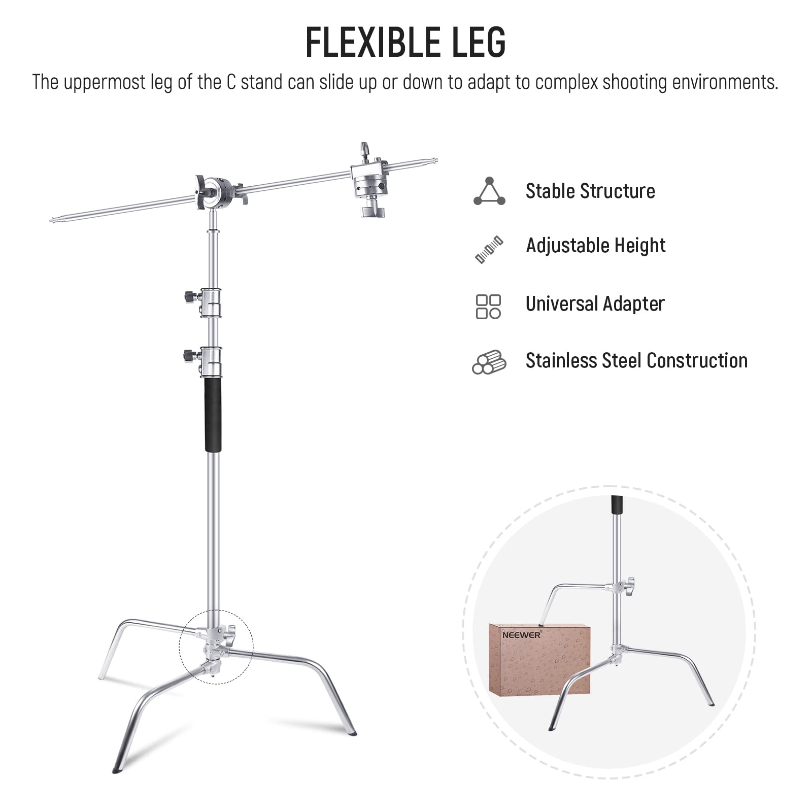 NEEWER Professional 10.13ft Stainless Steel C Stand with Boom Arm & Sliding Legs - Heavy Duty Photography Light Stand for Umbrellas, Reflectors, Softboxes, Monolights - Perfect for Studio, Portrait, and Video Shooting