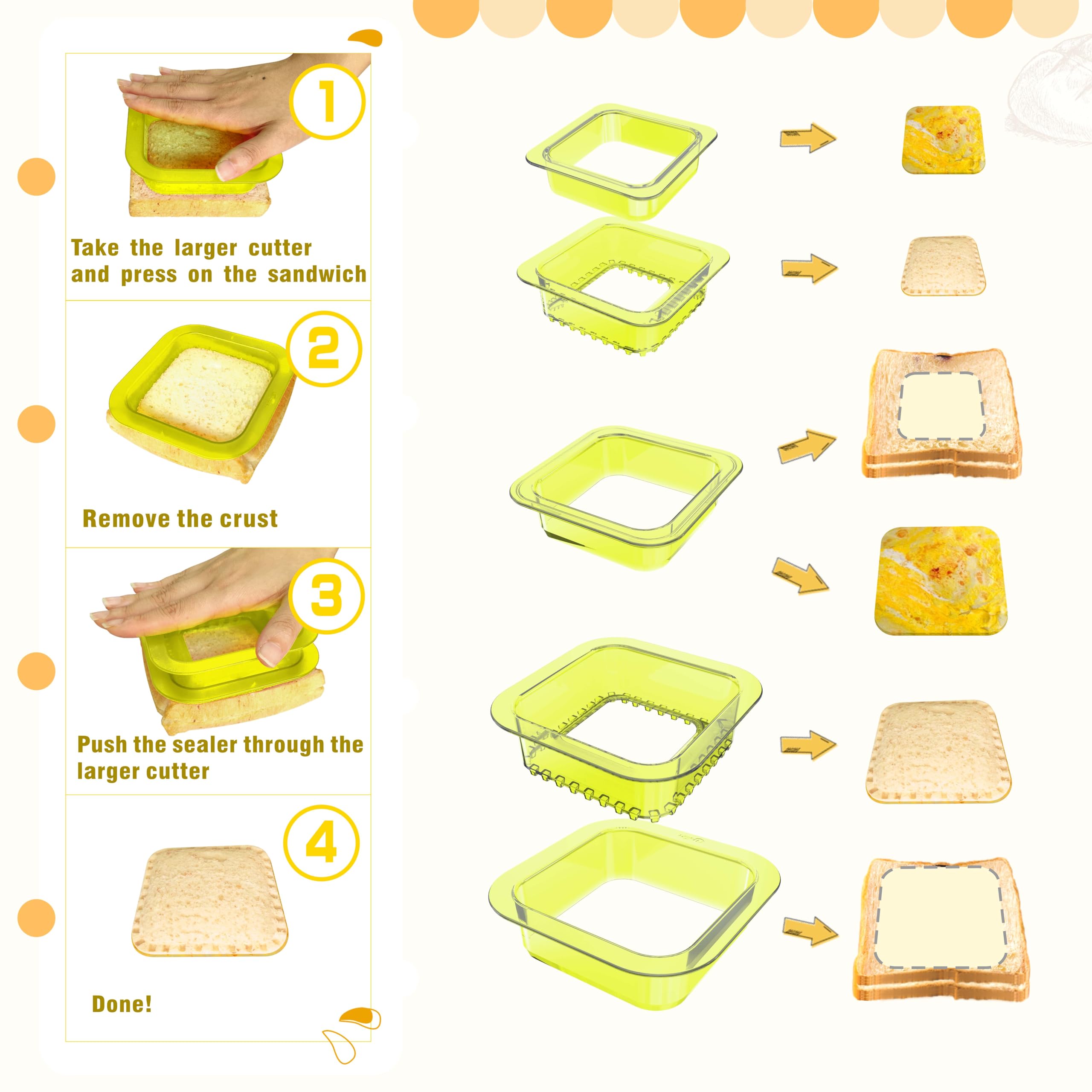 Tribe Glare Sandwich Mold Maker - Stainless Steel Sandwich Cutter & Sealer for DIY Bread, Pancakes, Cookies | Kids Lunch Box & Bento Box Accessories | Perfect Gift for Boys & Girls (Yellow Square) | Great for School Lunches, Picnics & Party Snacks