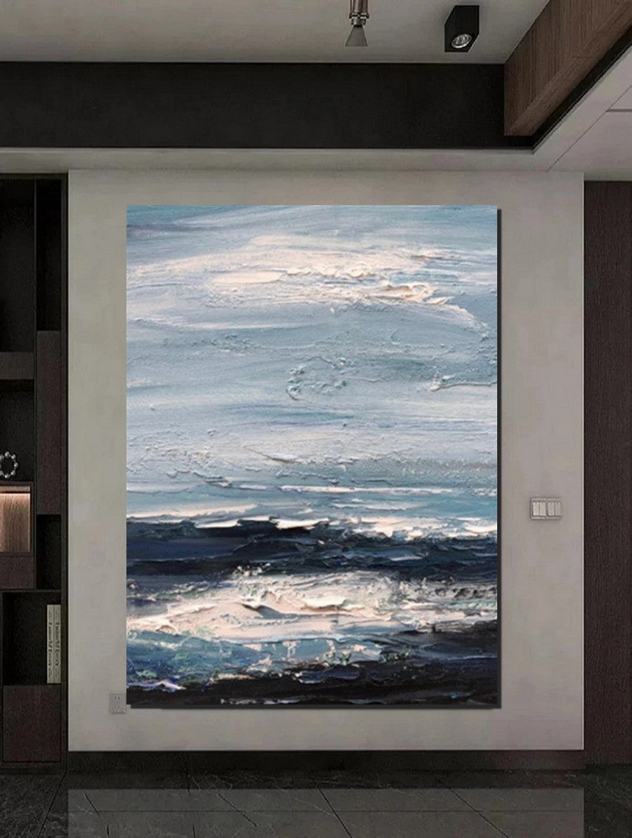 Contemporary Modern Impasto Art Paintings - Blue Simple Abstract Wall Decor for Living Room - Large Palette Knife Artwork - Perfect for Home & Office Decor