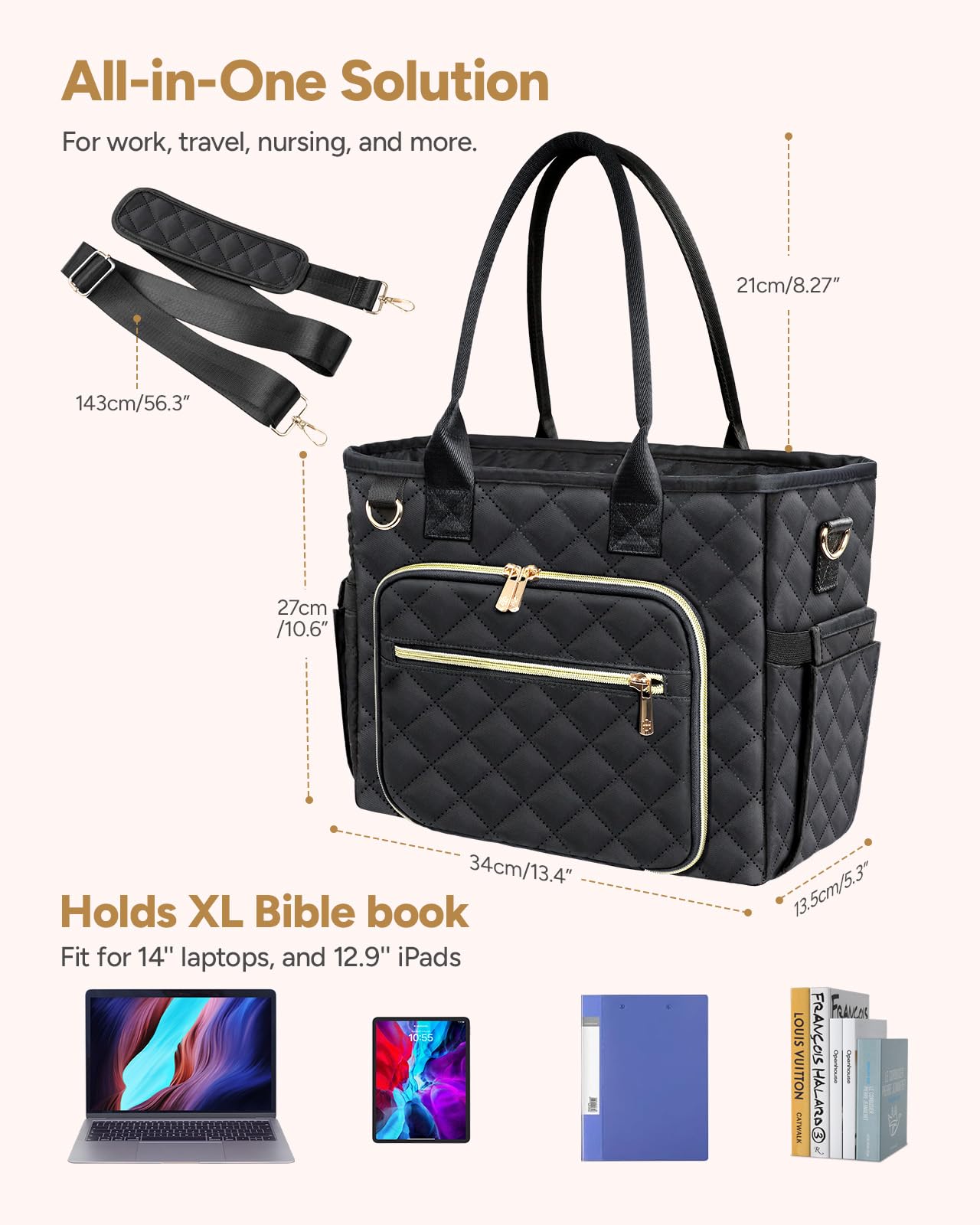 Premium Large Bible Bag for Women - Durable Quilted Bible Cover with Shoulder Strap, Church Tote for Bible Study Supplies | Perfect Christian Gift for Church, Prayer Meetings & Daily Devotion (Black)