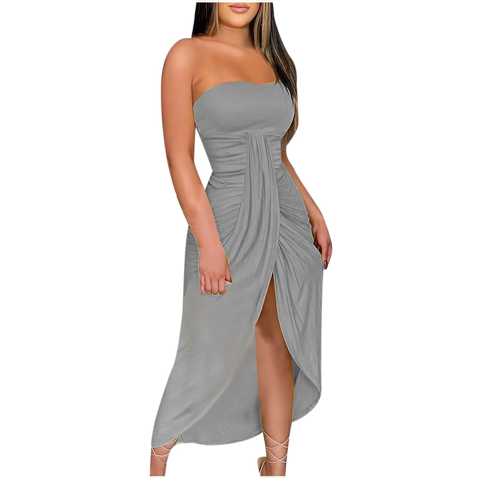 Elegant Off-The-Shoulder Summer Wedding Guest Dress for Women - Strapless Long Party Dress with High Slit, Perfect for Beach Weddings, Cocktail Parties & Club Nights