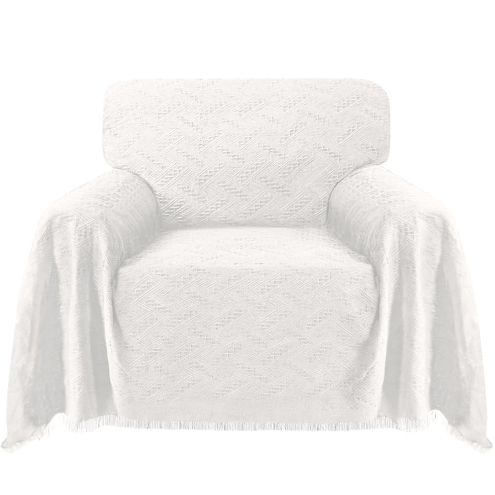Turquoise Cotton Sofa Cover - Washable White Couch Protector for Pets - Jacquard Woven Sectional Sofa Cover with Geometric Pattern (71