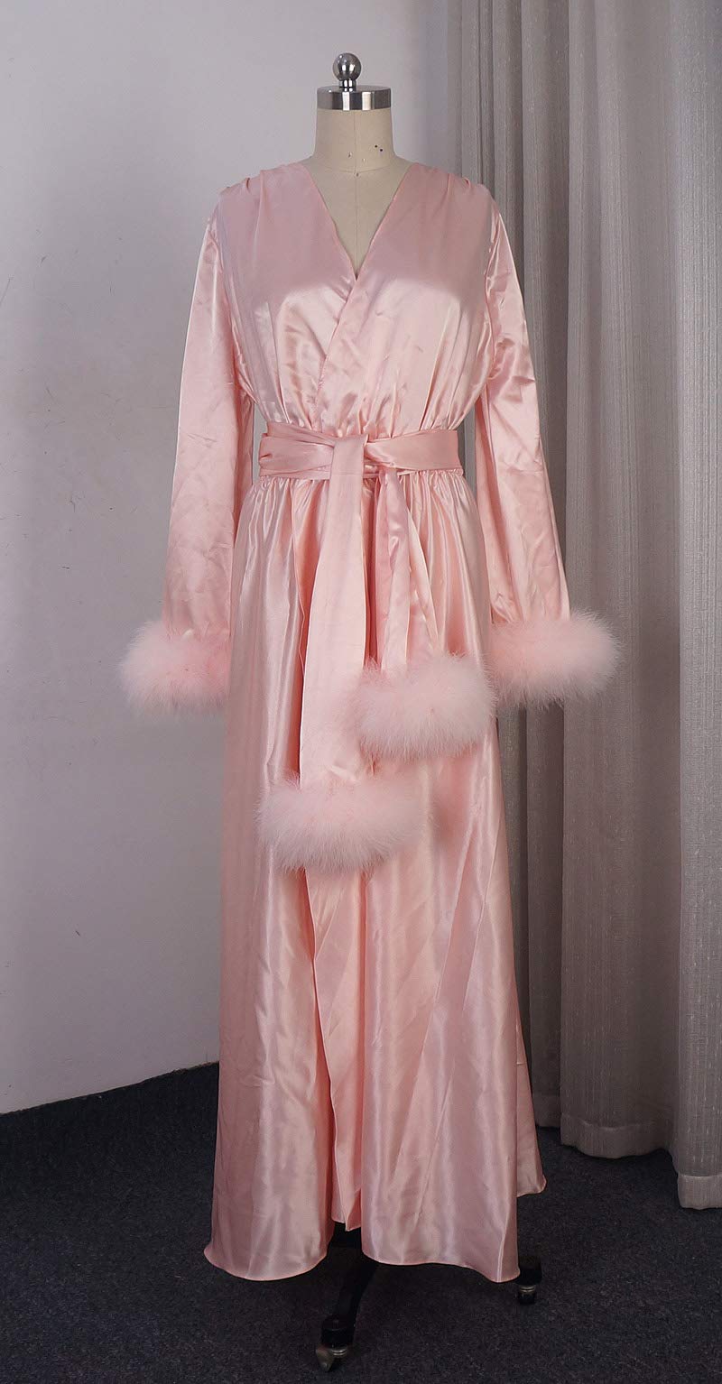 Bridal Robe for Getting Ready - Soft Satin Morning Pajamas with Feather Trim, Long Party Dress for Wedding, Bachelorette & Spa Day - Perfect for Bridal Shower, Photoshoots & Relaxation