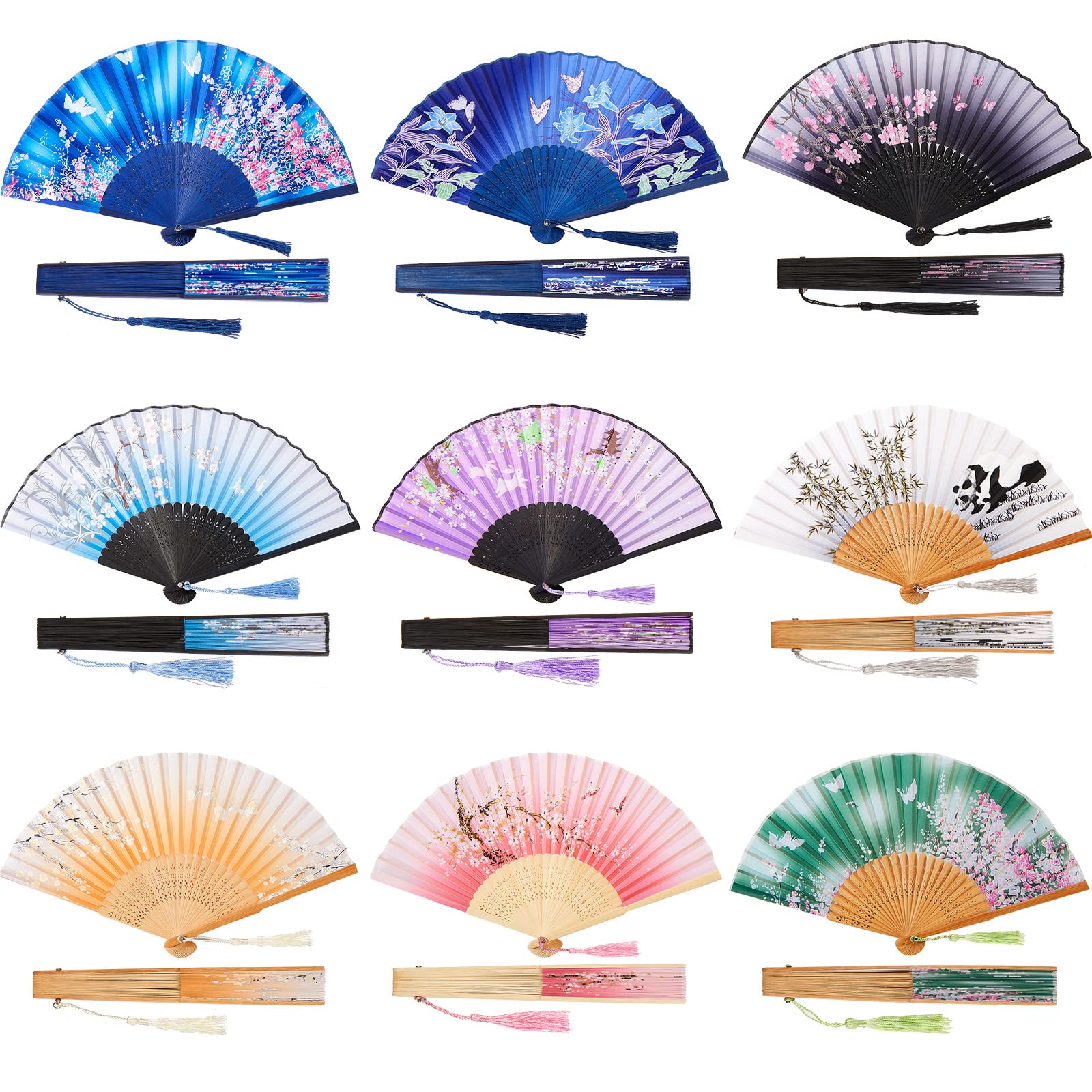Jetec 9-Piece Chinese Style Floral Folding Hand Fans Set - Vintage Bamboo Handheld Fans with Tassel & Hollowed Design, 8.3 Inch (Assorted Patterns) - Perfect for Weddings, Parties, Home Decor & Asian-Themed Events