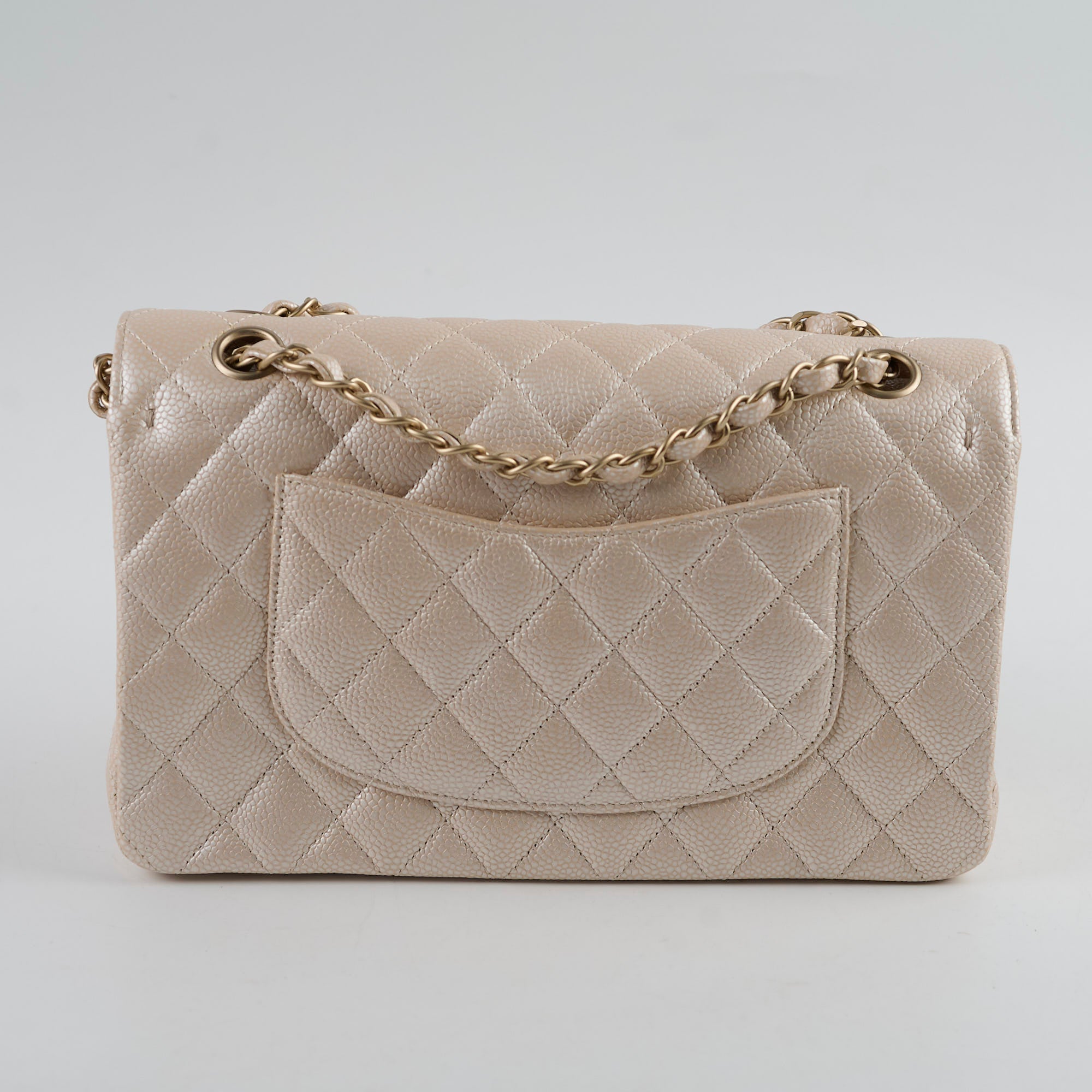 Chanel 12P Classic Flap Medium/Large M/L Pearly Beige Caviar Leather Bag (16 Series) - Luxury Designer Handbag for Women, Perfect for Evening Parties & Special Occasions