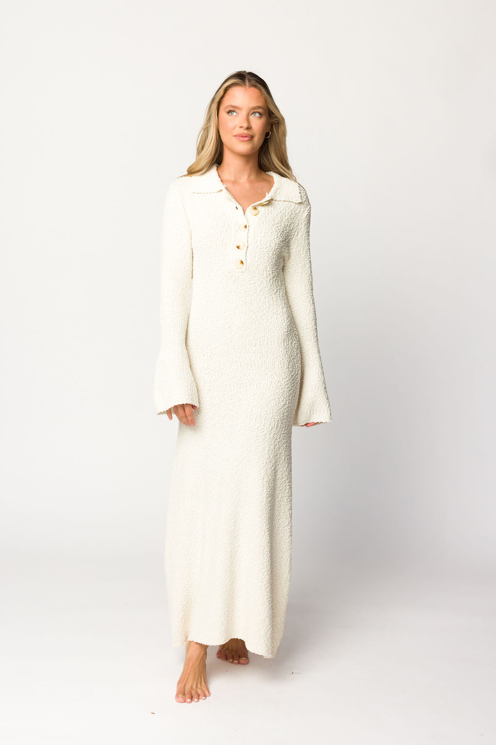 Courtney Boucle Maxi Shirt Dress in Cream - Nursing Friendly Maternity Dress for Women | Elegant Long Sleeve Button Down Dress for Pregnancy, Nursing & Everyday Wear
