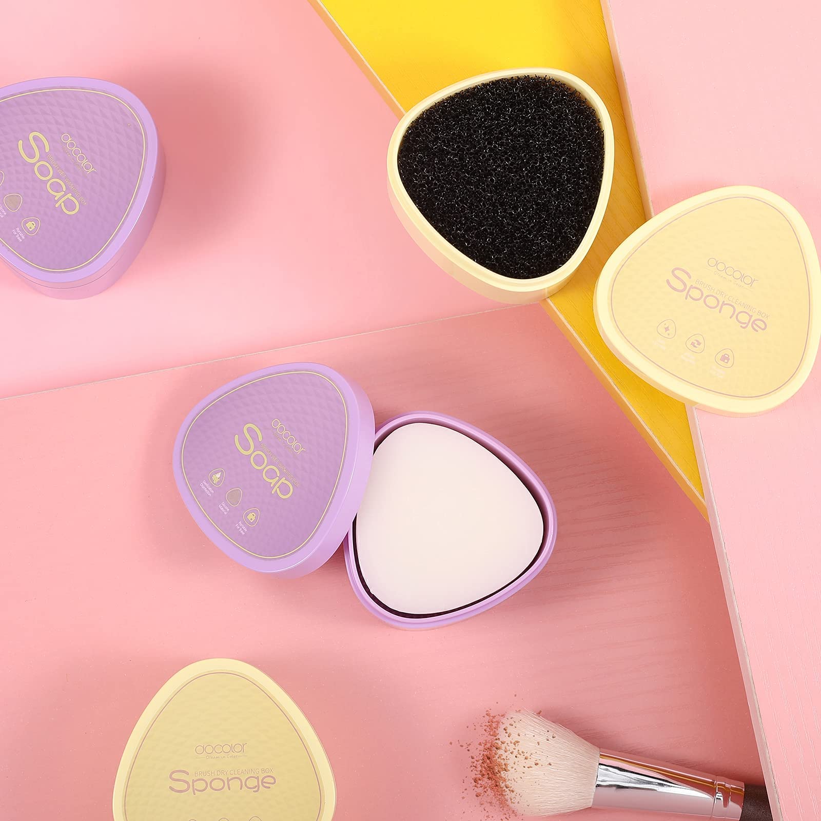 Docolor 3-in-1 Makeup Brush Cleaner Set with Solid Coconut Oil Cleanser, Color Removal Sponge & Cleaning Mat - Professional Brush Shampoo for Blenders & Eyeshadow Brushes | Perfect for Home Salon & Travel Makeup Kit