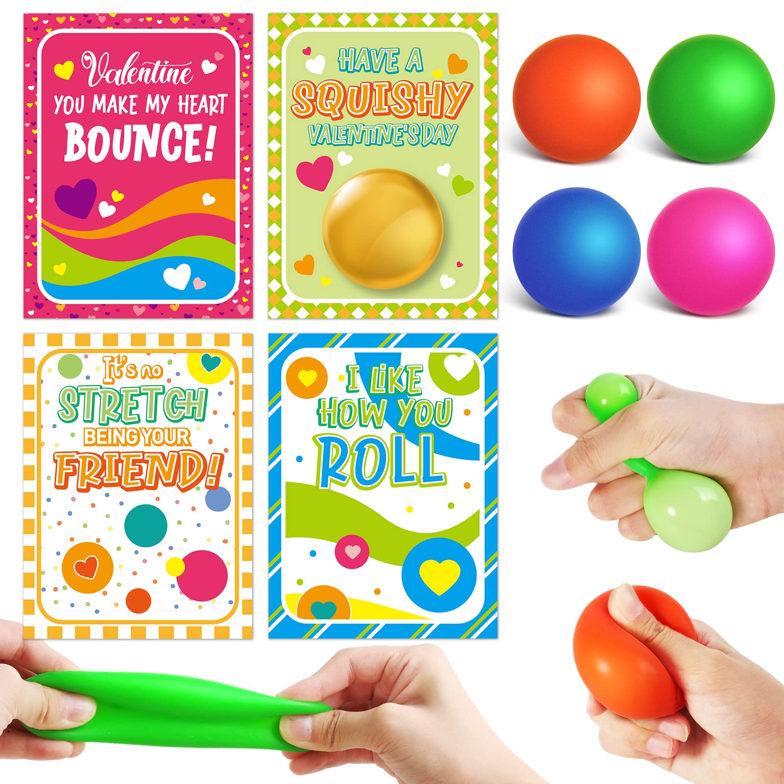 28 Pack Valentine's Day Cards for Kids with Stretchy Ball Set - Sensory Squeeze Fidget Toys for Classroom Exchange, Party Favors & Stress Relief (Great for Valentine's Gifts, School Activities & Anxiety Relief)