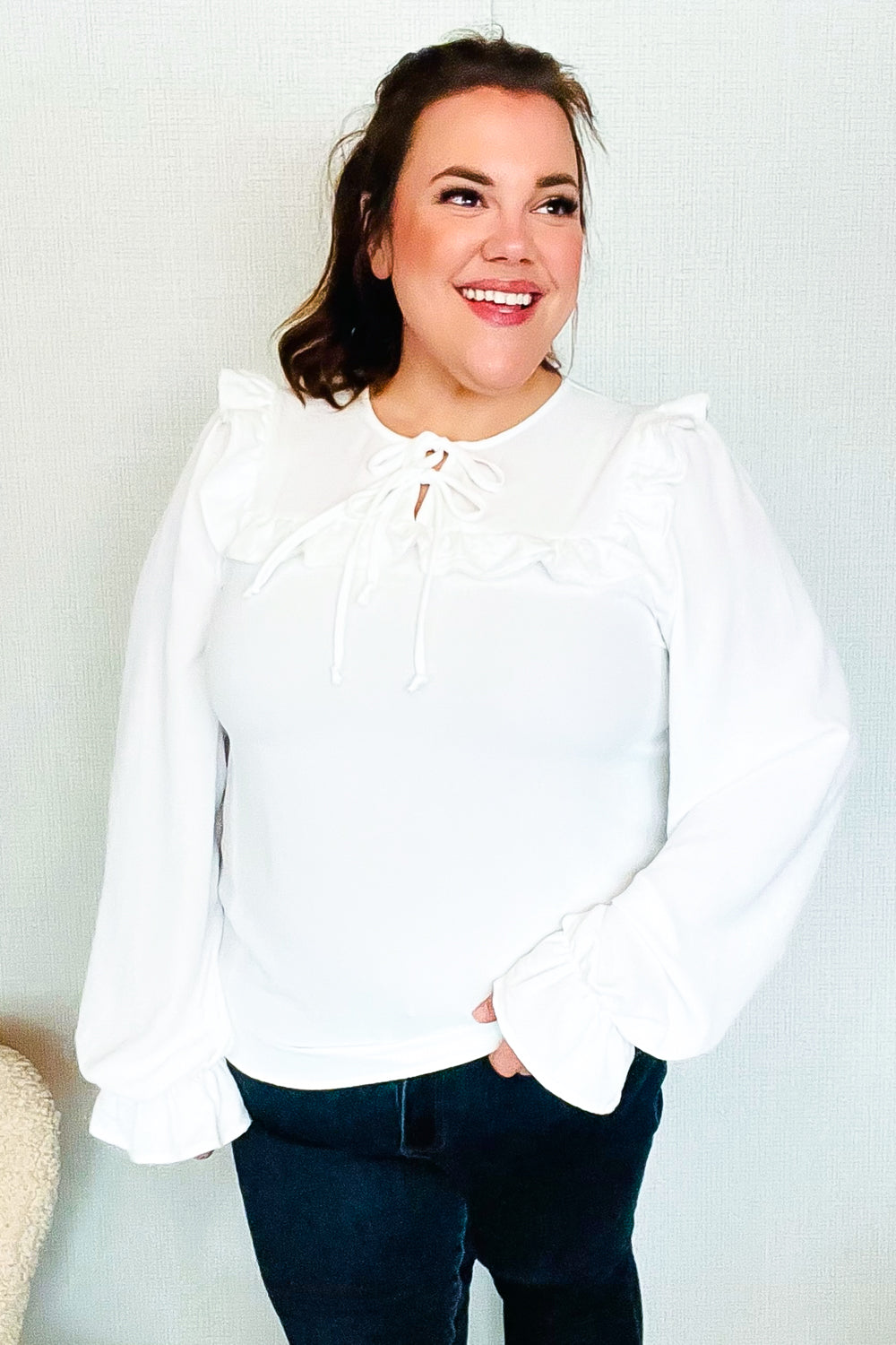 Eyes On You Ivory Ribbon Tie Bow Square Neck Ruffle Bubble Sleeve Blouse for Women - Elegant Party Top for Date Night, Wedding Guest Outfit & Office Wear