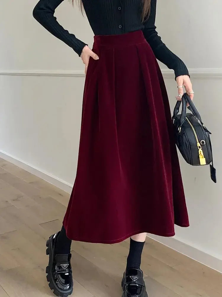 2024 Women's Vintage Red Velvet A-Line Skirt - High Waist Elegant Pleated Swing Skirt for Autumn Winter Warmth | Perfect for Casual Wear, Parties & Office Outfits