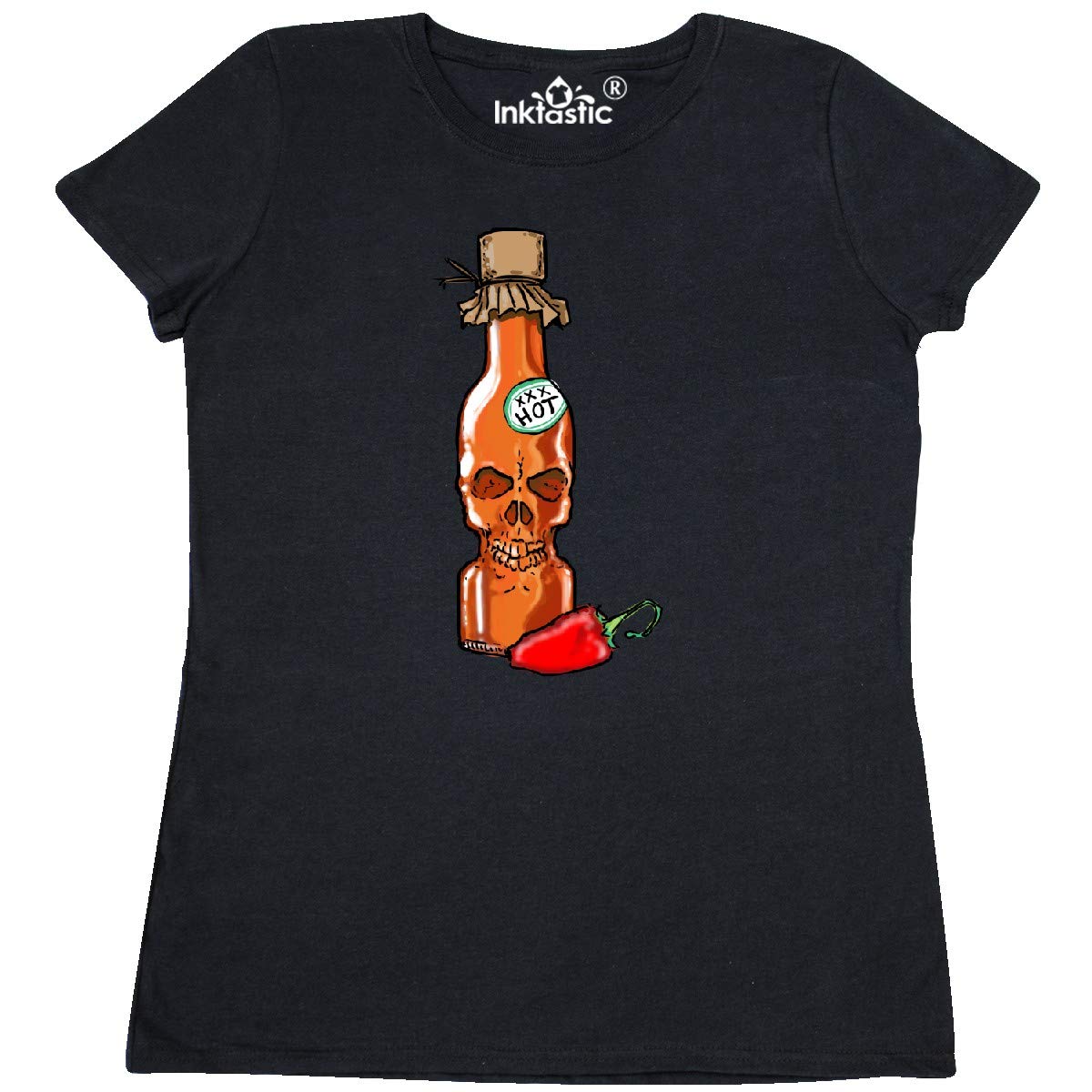 Inktastic Hot Sauce Skull Bottle with Pepper Women's T-Shirt | Graphic Tee for Spicy Food Lovers | Perfect for Casual Wear, Halloween & Hot Sauce Enthusiasts