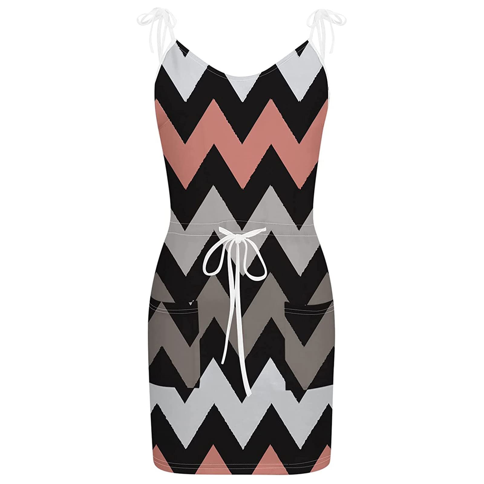Women's Summer Casual Sleeveless V-Neck Striped Spaghetti Strap Swing Dress with Belt - A13 Black | Perfect for Beach Vacations, Date Nights & Summer Parties