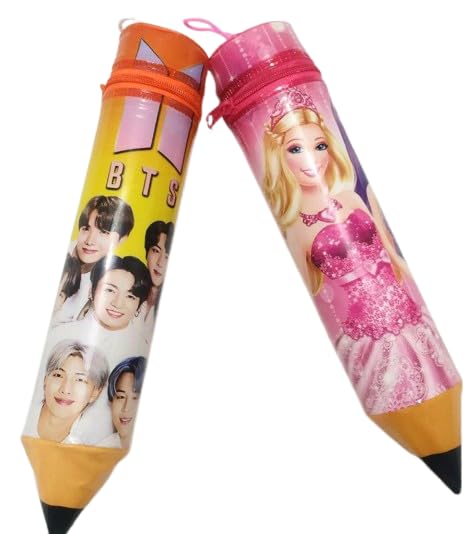BriKSHi Cute Cartoon Pencil Case for Kids - Pencil-Shaped School Supply Organizer, Stationery Storage Pouch (Pack of 2, Random BTS Design) - Perfect for School, Travel & Birthday Gifts
