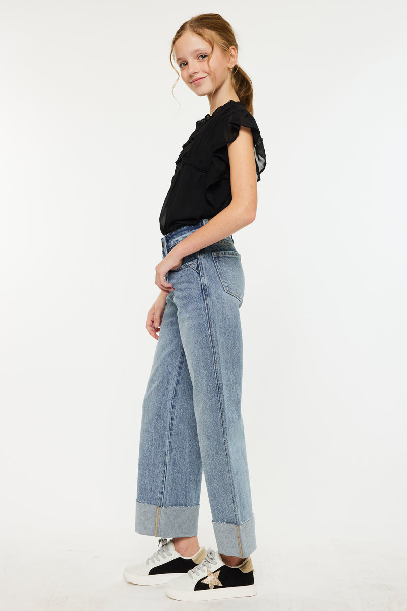 Danielle High Rise Kids Cropped Wide Leg Jeans - Trendy Stretch Denim Pants for Girls | Perfect for School, Playdates & Casual Outings