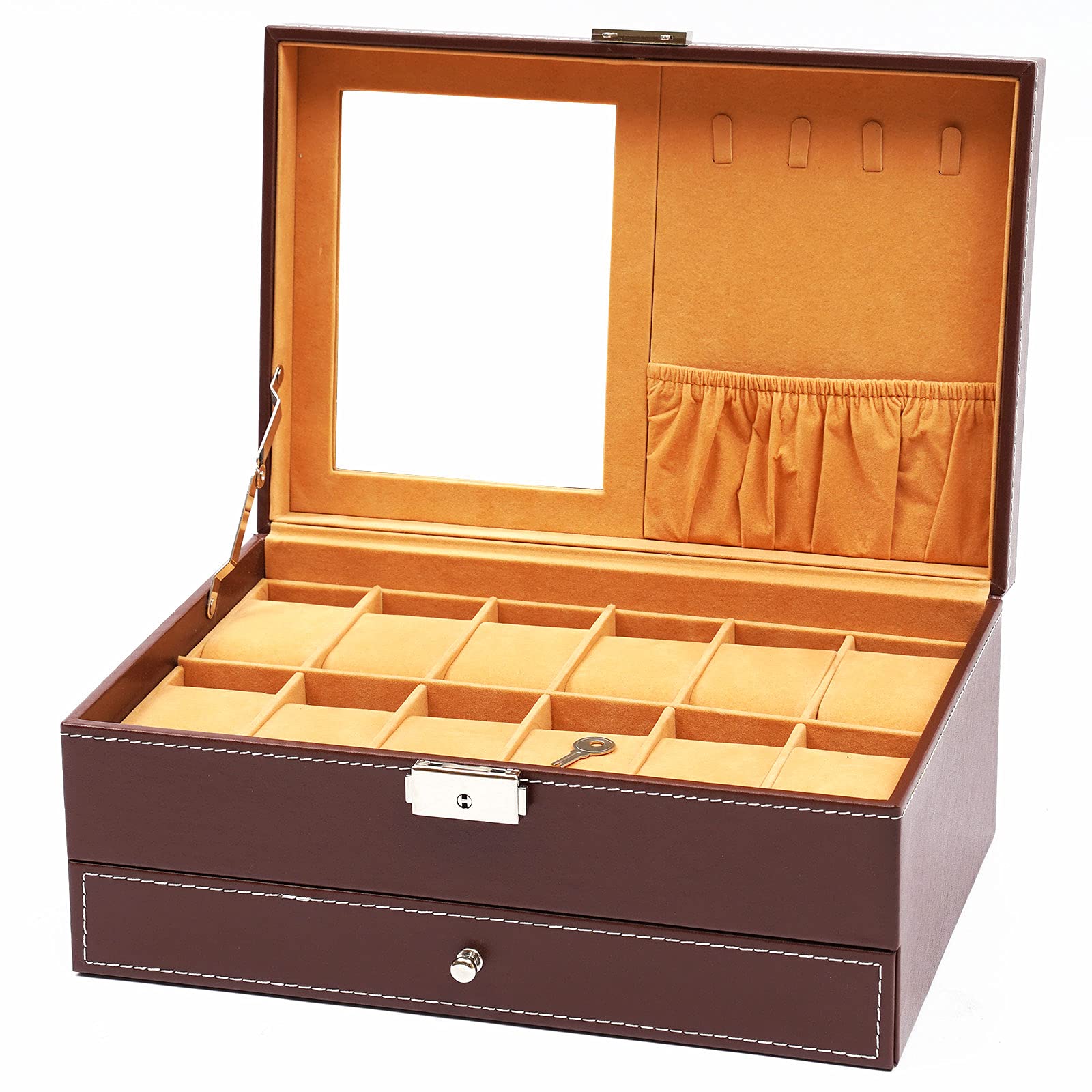 Premium 12-Slot Dark Red Leather Watch Box Organizer with Mirror & Metal Buckle - Double Tier Jewelry Storage Case with Soft Velvet Lining - Perfect for Watch Collectors & Luxury Gift Giving