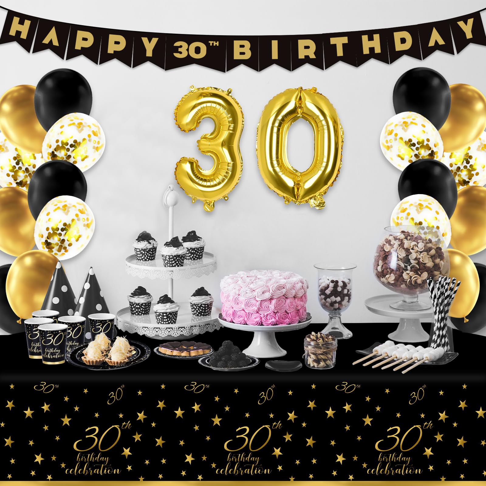 Gatherfun 30th Birthday Party Supplies Set - 30 Disposable Paper Plates, Napkins, Cups, Cutlery & Tablecloth - Black & Gold Decorations for Men & Women (Serves 25) - Perfect for Milestone Birthdays, Anniversary Celebrations & Themed Parties