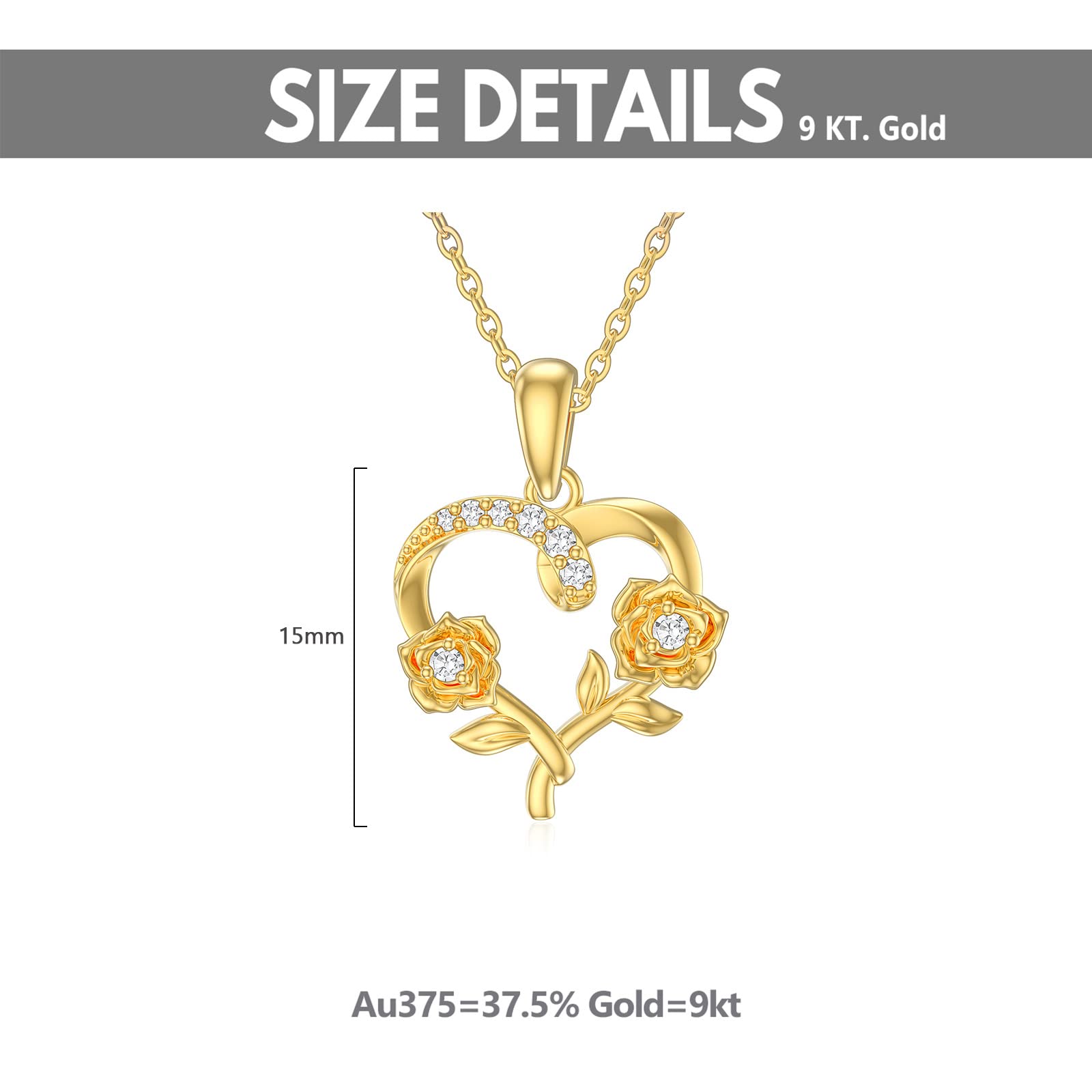 YDD 9ct Gold Heart Necklace for Women - Rose Flower Pendant Necklace in Real Gold | Perfect Christmas, Mother's Day & Valentine's Day Gift for Her | 16+1+1 Inch Chain | Elegant Jewelry for Date Nights, Anniversaries & Special Occasions