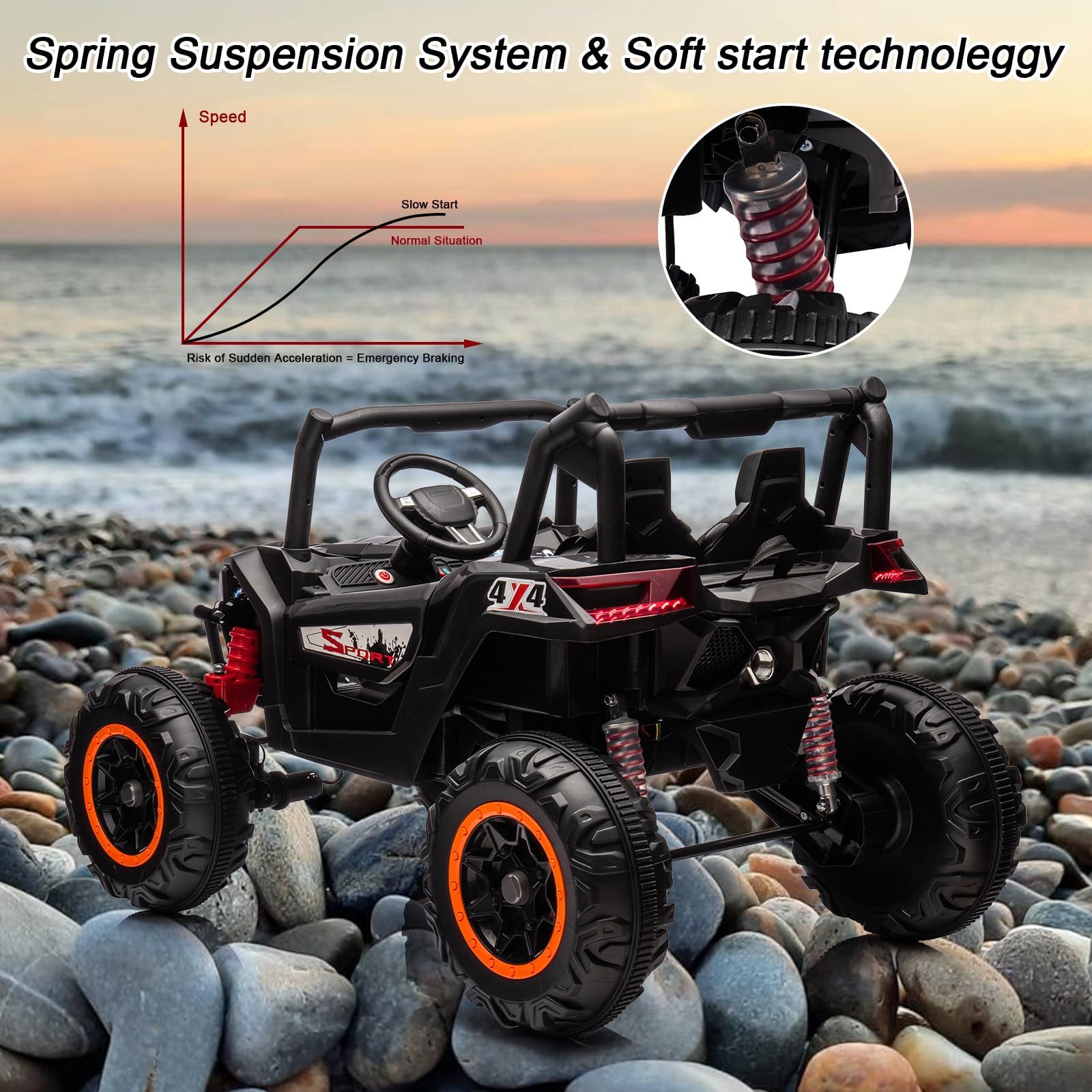 GARVEE 12V Electric Ride-On Car for Kids - 2 Seater Battery Powered UTV Toy with Remote Control, Metal Frame, EVA Wheels & LED Lights | Off-Road Spring Suspension for Boys & Girls Ages 3-8 | Perfect for Outdoor Play, Backyard Adventures & Birthday Gifts (Black)