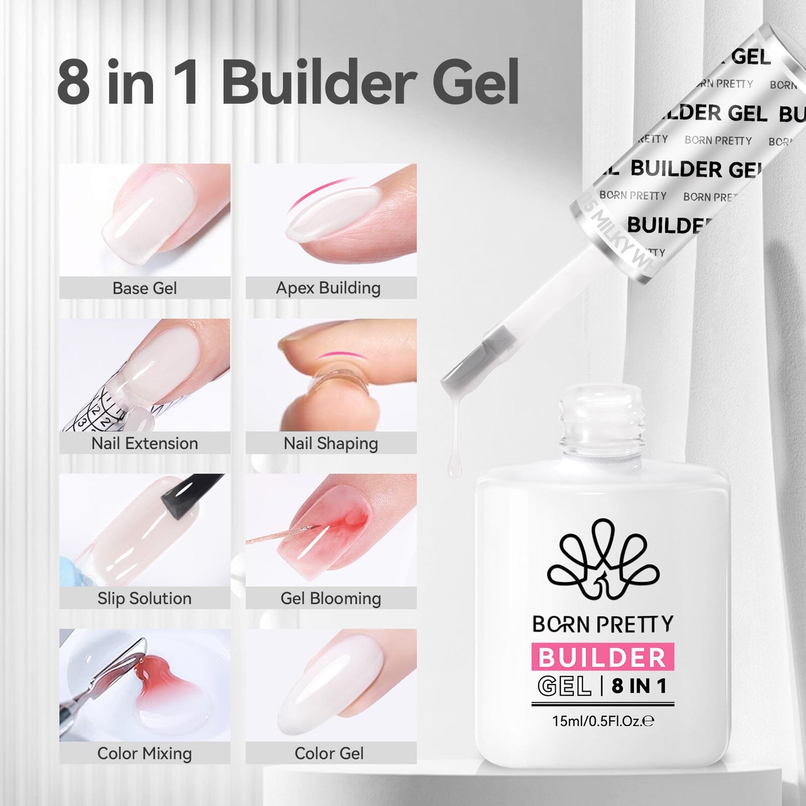 8 in 1 Milky White Builder Gel BG05 - 15ml Professional Nail Extension Kit for Strong & Natural-Looking Nails | Perfect for Salon, Home Manicure & DIY Nail Art