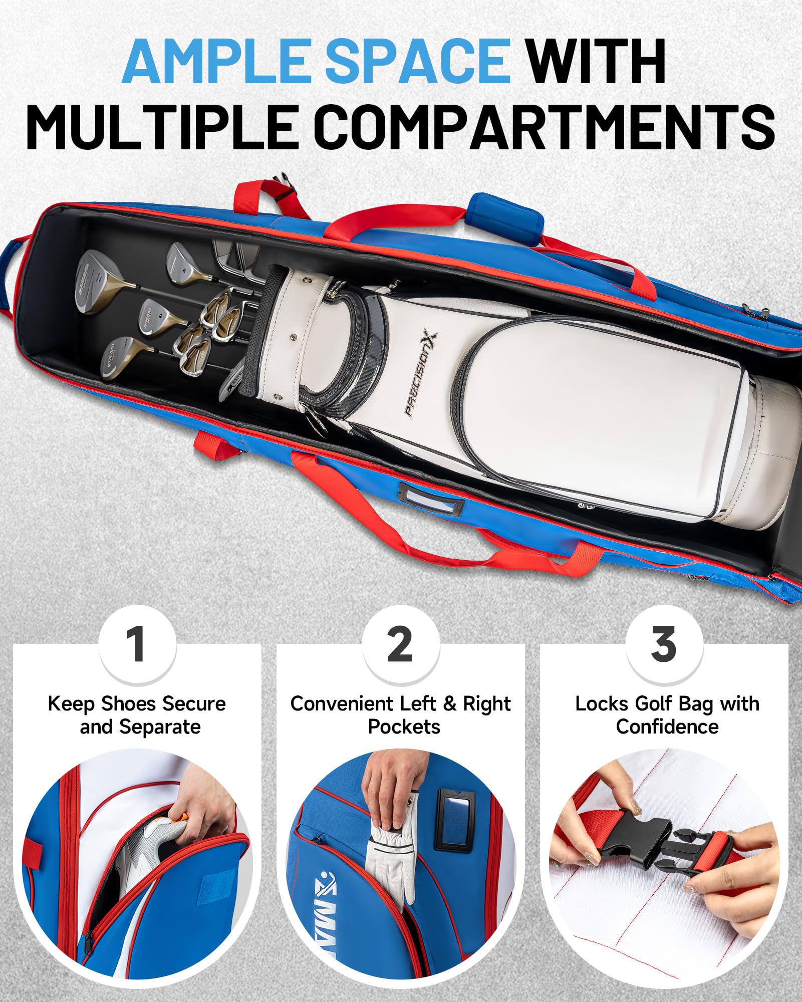 MANUEKLEAR Golf Travel Bag with Wheels - 1680D Nylon Airline Approved Golf Case with Padded Top, 3 Large Pockets & Foldable Design - Perfect for Air Travel, Golf Tournaments & Club Storage