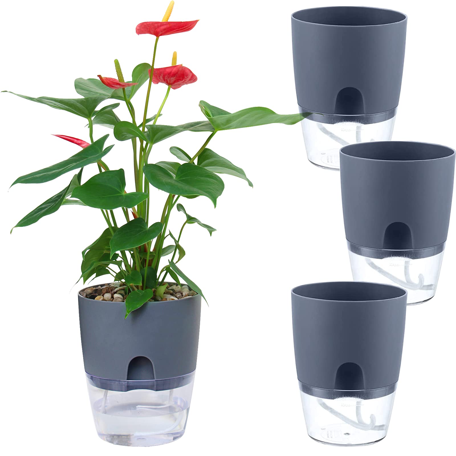 Self Watering Planters 4 Pack – 4.1 Inch African Violet Pots with Transparent Water Reservoir, Modern Decorative Indoor Flower Pots for House Plants, Succulents, Herbs – Perfect for Home, Office, Kitchen Decor (Gray)