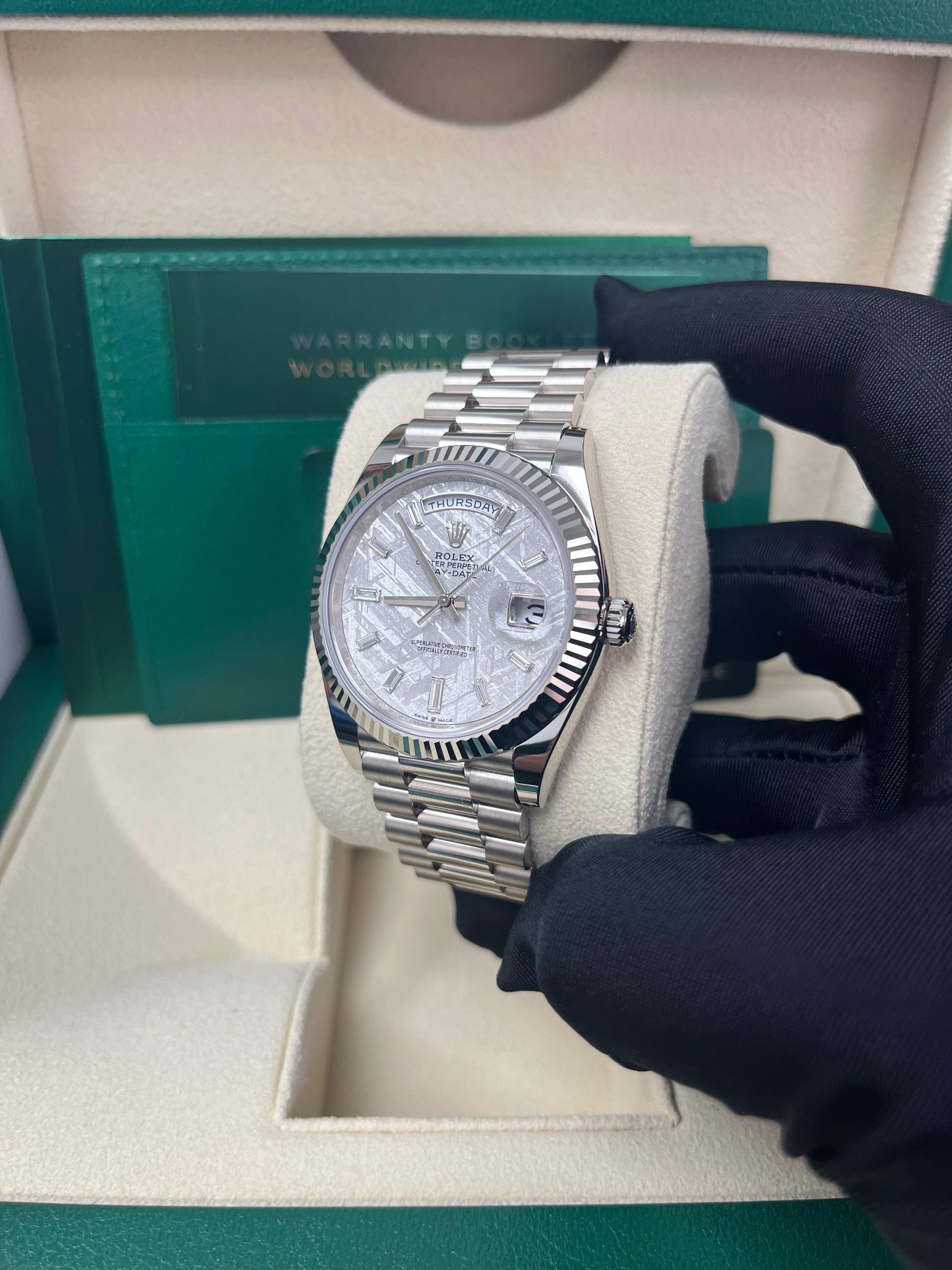 Rolex Day-Date 40mm Men's Watch - Meteorite Baguette Diamond Dial, White Gold Fluted Bezel, Ref. 228239 | Luxury Dress Watch for Business & Formal Occasions