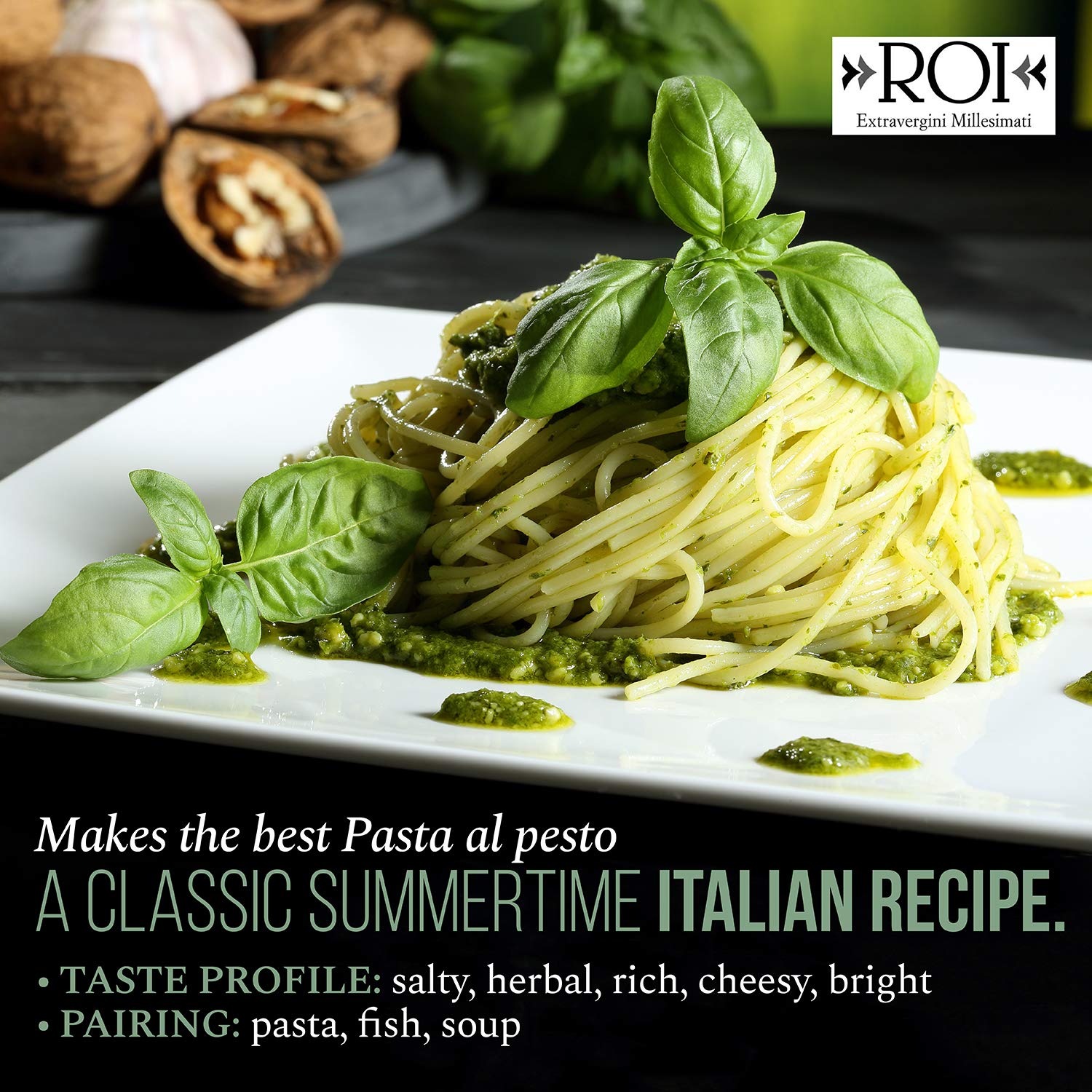 ROI Italian Extra Virgin Olive Oil - Cold Pressed Ligurian Taggiasca Olives & Vegan Pesto Sauce - Gluten Free, Non-GMO, DOP Certified Genovese Basil - Perfect for Pasta, Salads & Gourmet Cooking