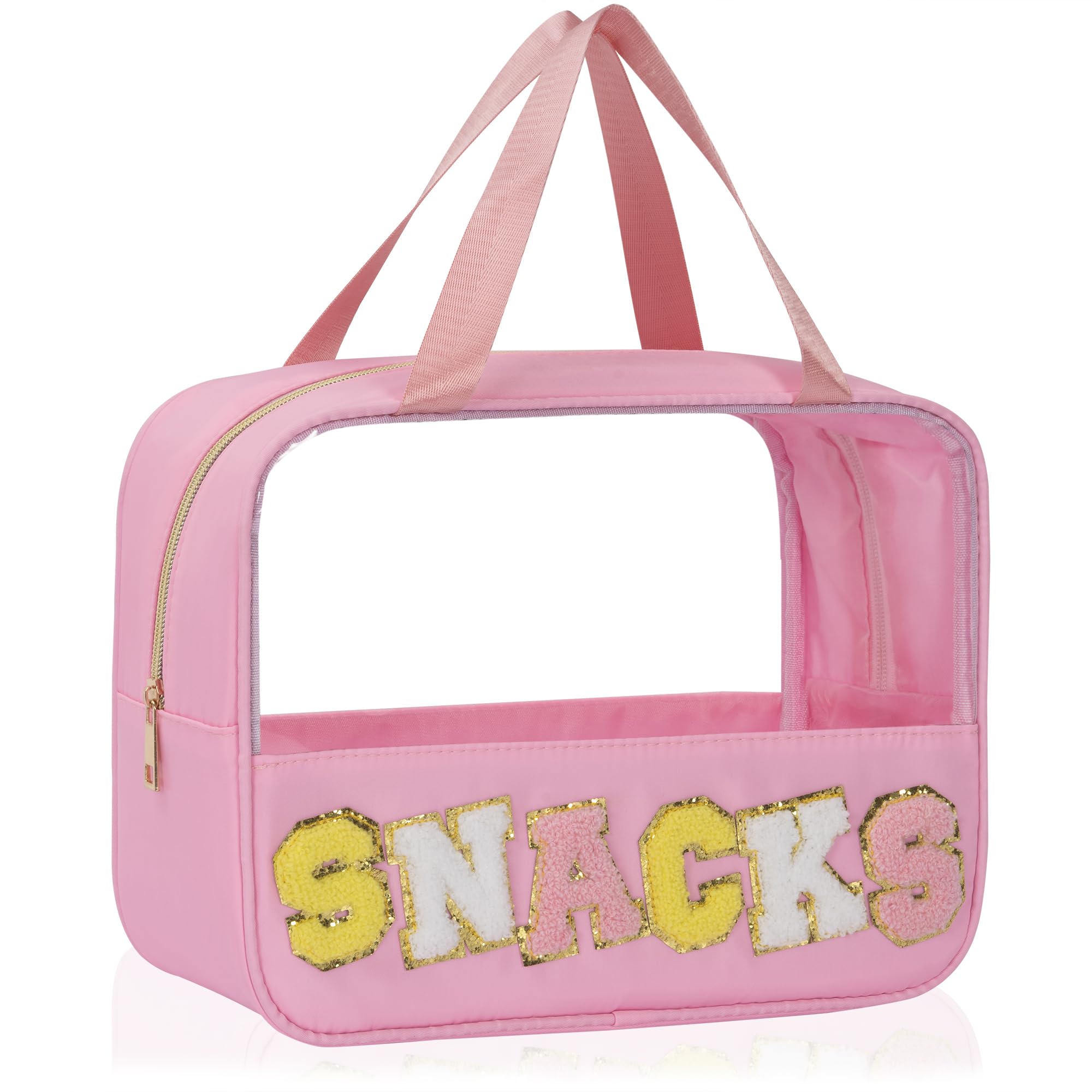 Chenille Letter Snacks Bag - Clear TPU & Nylon Zipper Pouch with Handle for Travel, Makeup, Toiletries & Organizing | Multi-Purpose Cosmetic Bag for Women (Pink) | Perfect for School Lunches, Gym Essentials & Travel Accessories