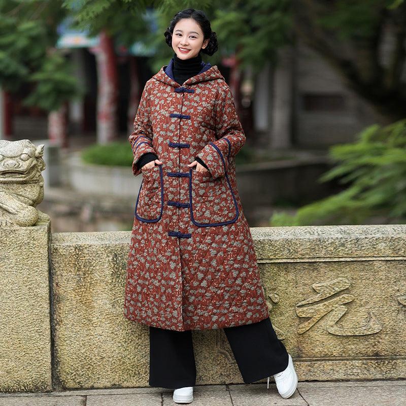 Women's Floral Hooded Winter Coat - Casual Long Cotton Jacket for Cold Weather, Outdoor Activities & Daily Wear