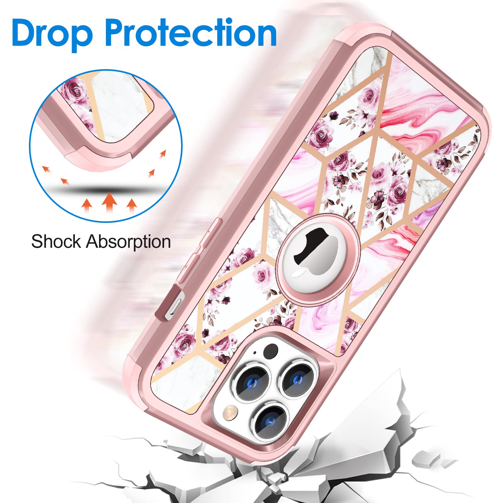 Hython Glitter Bling Shockproof iPhone 13 Pro Max Case - Heavy Duty 3-in-1 Hybrid Hard PC & Soft TPU Bumper Defender Protective Cover for Women & Girls (Floral/Marble Design) - Perfect for Daily Use, Travel & Gift Giving