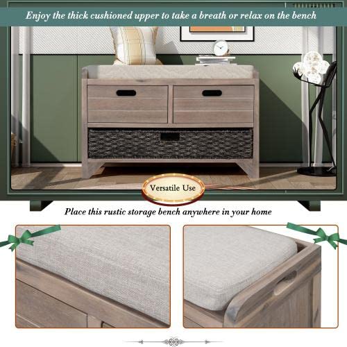 Entryway Bench with Removable Rattan Basket & 2 Drawers - Fully Assembled Shoe Storage Bench with Cushion for Hallway, Living Room, Bedroom - Perfect for Organizing Shoes, Hats & Home Decor