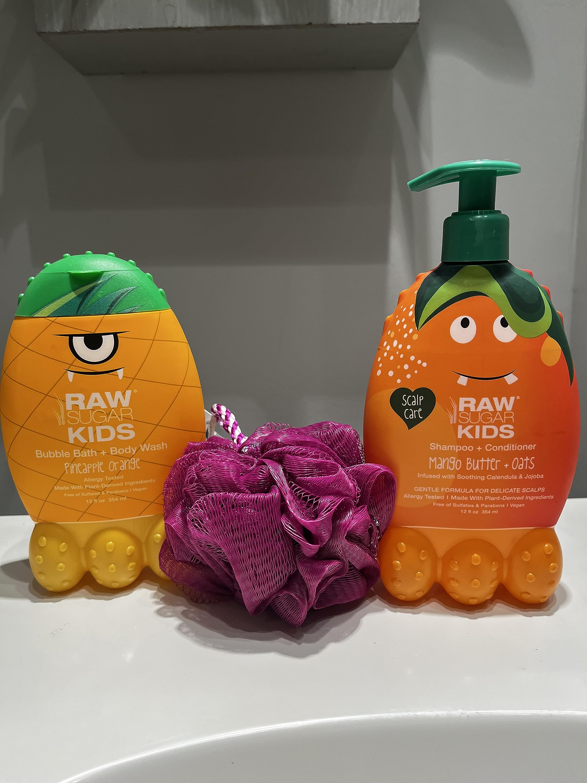 Raw Sugar Kids Bundle: 2-in-1 Mango Butter & Oats Shampoo Conditioner + Pineapple Orange Bubble Bath Body Wash (12 oz Each) with Loofah - Gentle Natural Hair & Skin Care for Toddlers & Children - Perfect for Bath Time & Daily Hygiene Routine