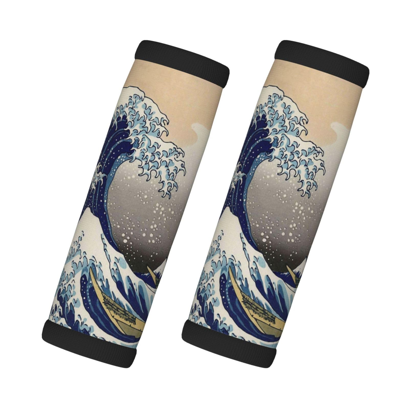 2 Pack Japanese Great Wave Off Kanagawa Luggage Handle Wraps - Non-Slip Suitcase Grip Covers with Unique Design for Easy Identification - Perfect for Travel, Airports & Crowded Places