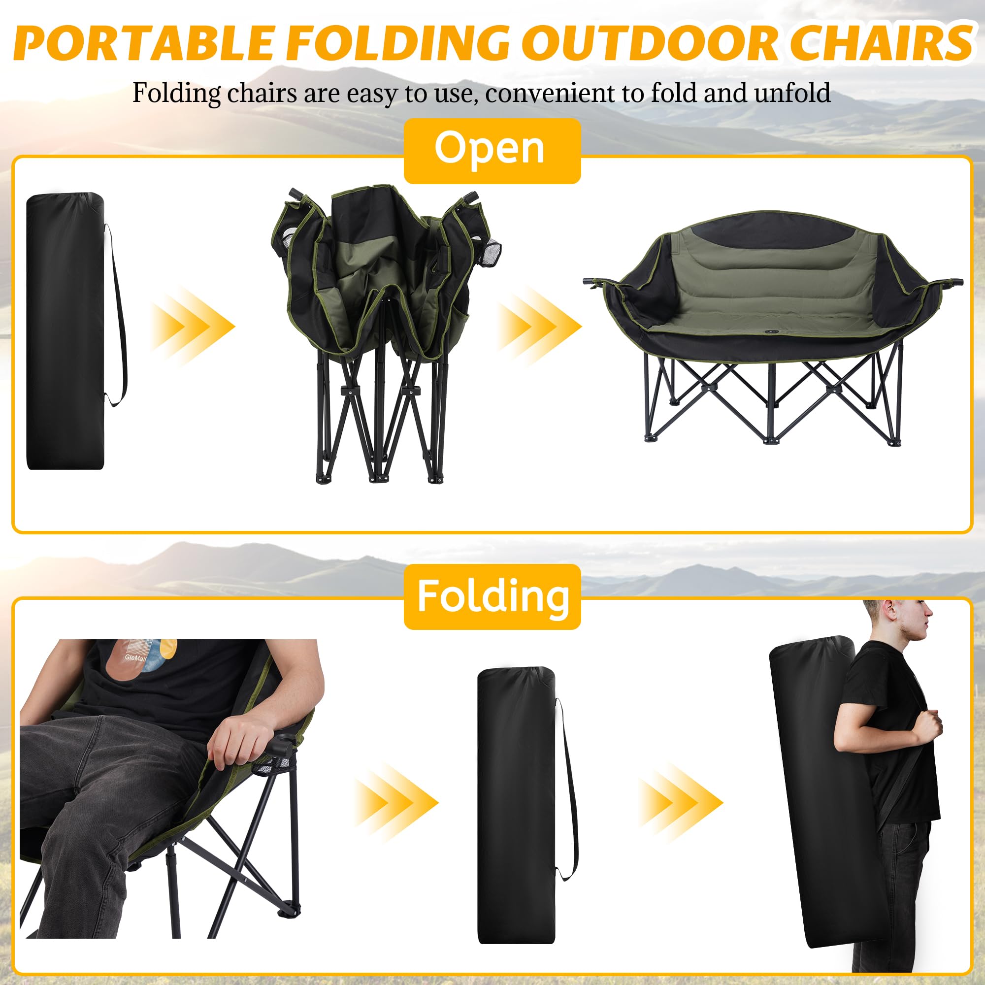 UBALANCE Heavy Duty 650LBS Portable Double Camping Chair for Adults - Oversized Folding Loveseat for Outdoor Activities, Garden, Lawn, Picnic, Beach & Fishing (Green) | Perfect for Couples Camping, Backyard Relaxing and Outdoor Events