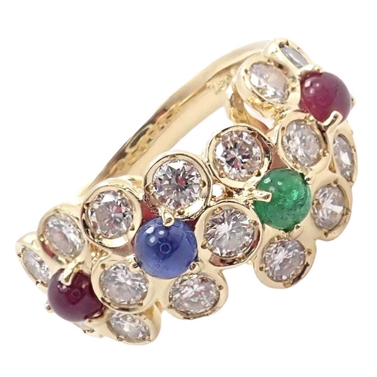 Authentic Christian Dior 18k Yellow Gold Ruby Emerald Diamond Flower Ring - Vintage Luxury Jewelry for Women, Perfect for Weddings, Anniversaries & Special Occasions