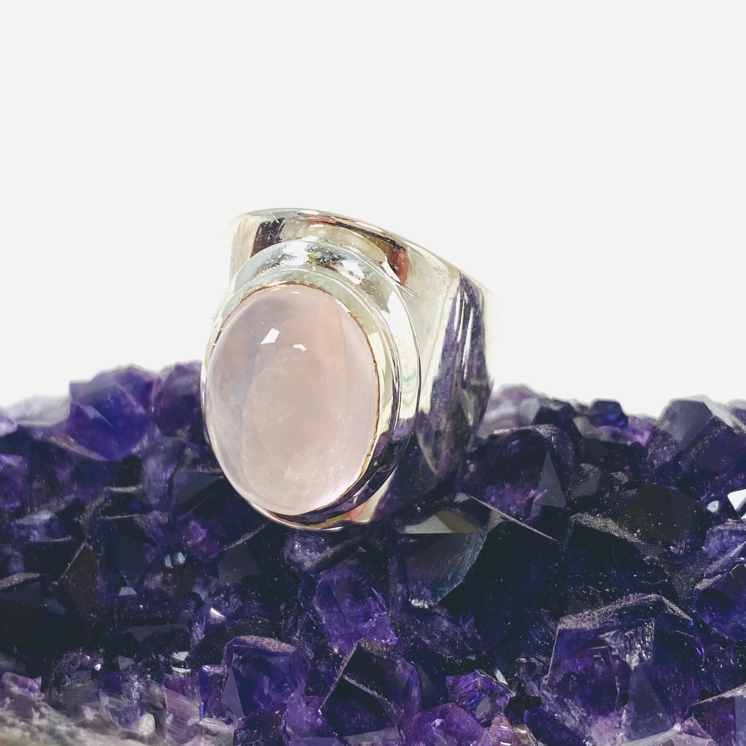 Rose Quartz Wide Band Ring R3762 RQ - Elegant Healing Crystal Jewelry for Women, Perfect for Meditation, Yoga & Spiritual Gifts