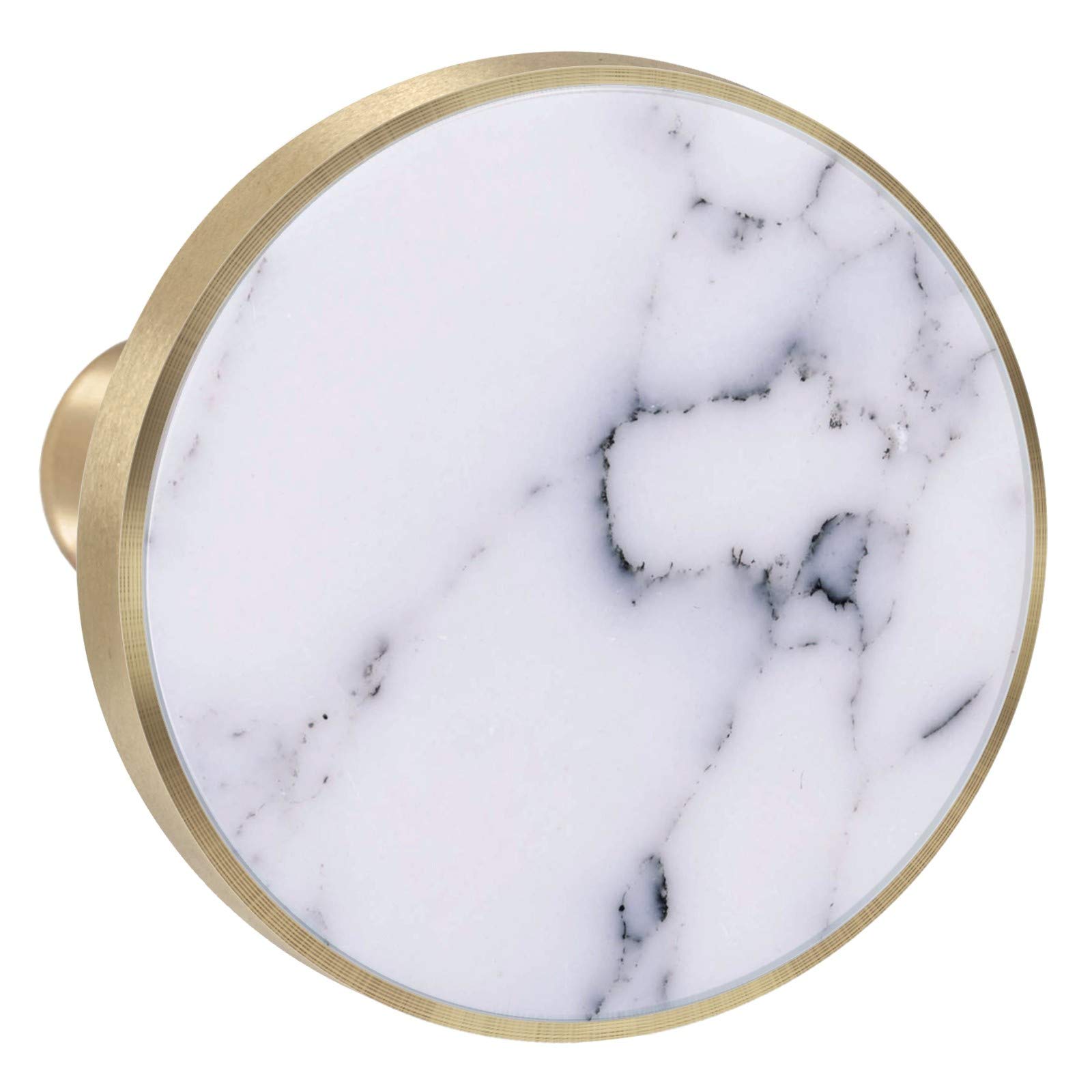 Amogeeli 2-Pack Round Flat Stone Brass Cabinet Knobs with Screws - Modern White Locker Pull Handles for Drawers, Cabinets & Furniture (Kitchen, Bathroom, Office)