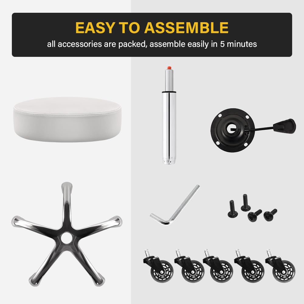 Heavy Duty Hydraulic Adjustable Rolling Stool with Wheels - Ergonomic Leather Swivel Chair for Kitchen, Office, Salon & Lab - White | Perfect for Hairdressers, Chefs & Tattoo Artists