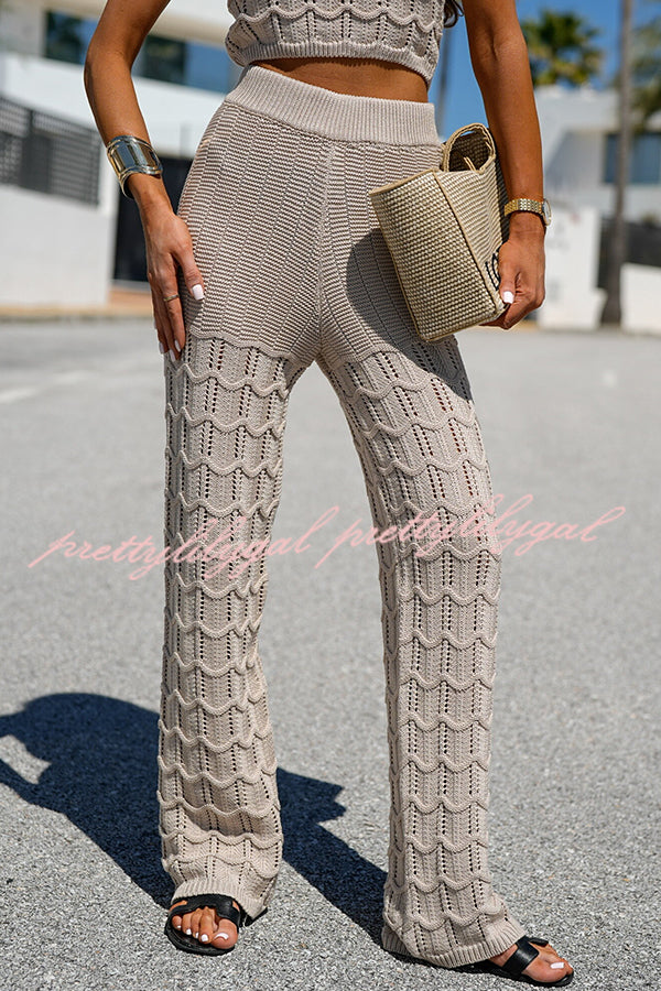 Women's Solid Color Hollow Sleeveless Round Neck Knitted Vest & Stretch Casual Straight Pants Set - Comfortable Summer Outfit for Beach, Travel and Daily Wear
