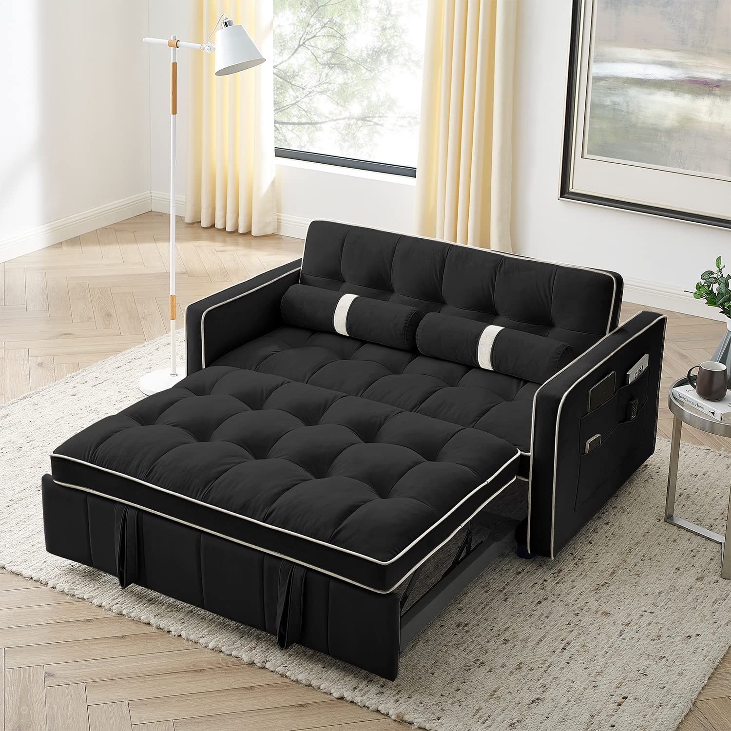 3 in 1 Sleeper Sofa Bed - Convertible Tufted Velvet Loveseat with Pullout Bed & Adjustable Backrest, Small Futon Couch with Cylinder Pillows for Living Room, Apartment, Dorm (Black, 55.5