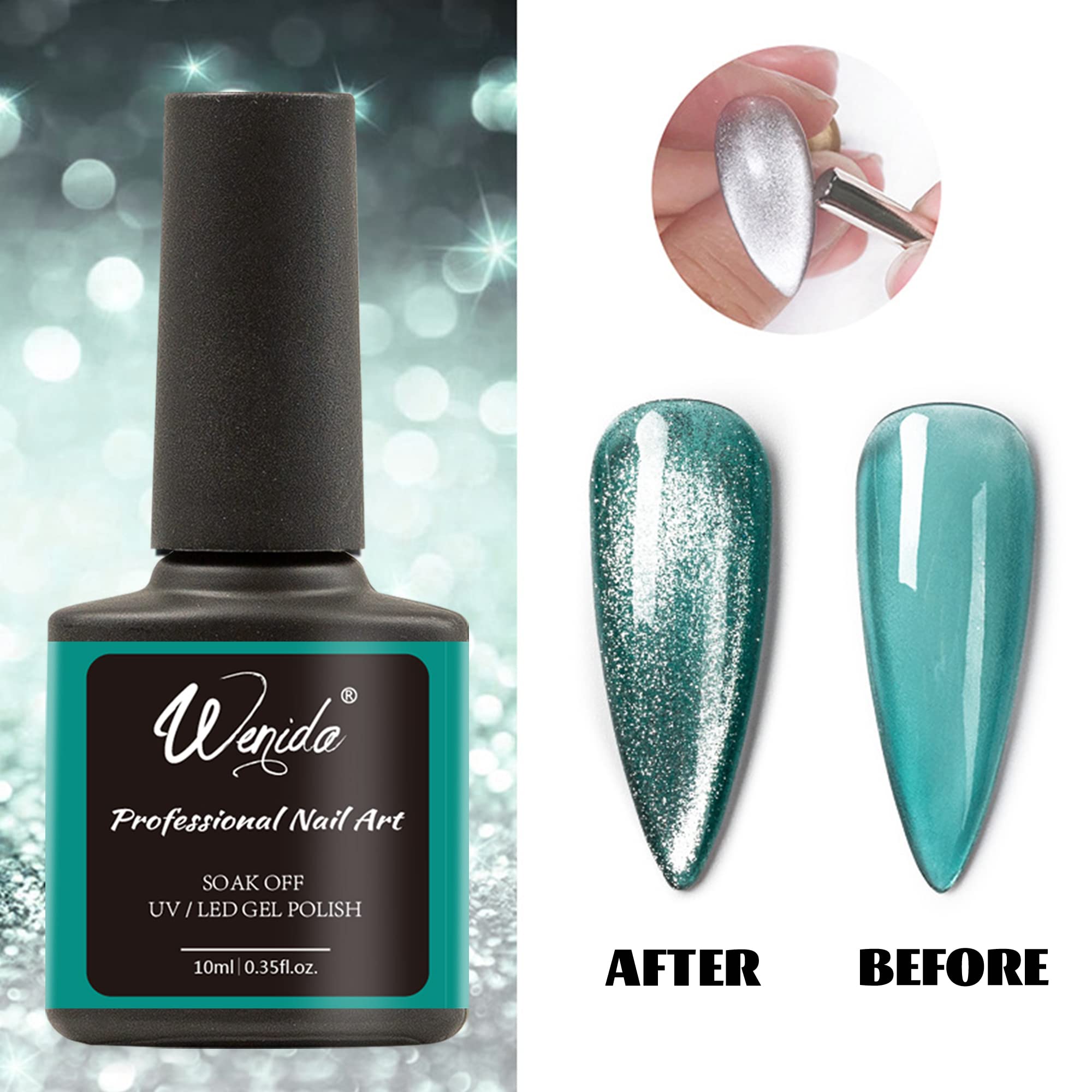 Wenida Cat Eye Holographic Magnetic Gel Nail Polish Set - 5 Jelly Colors with UV/LED Soak Off, Silver Glitter Nail Varnish Kit for DIY Manicure | Includes Magnet Stick for Salon-Quality Nails at Home | Perfect for Parties, Weddings & Special Occasions