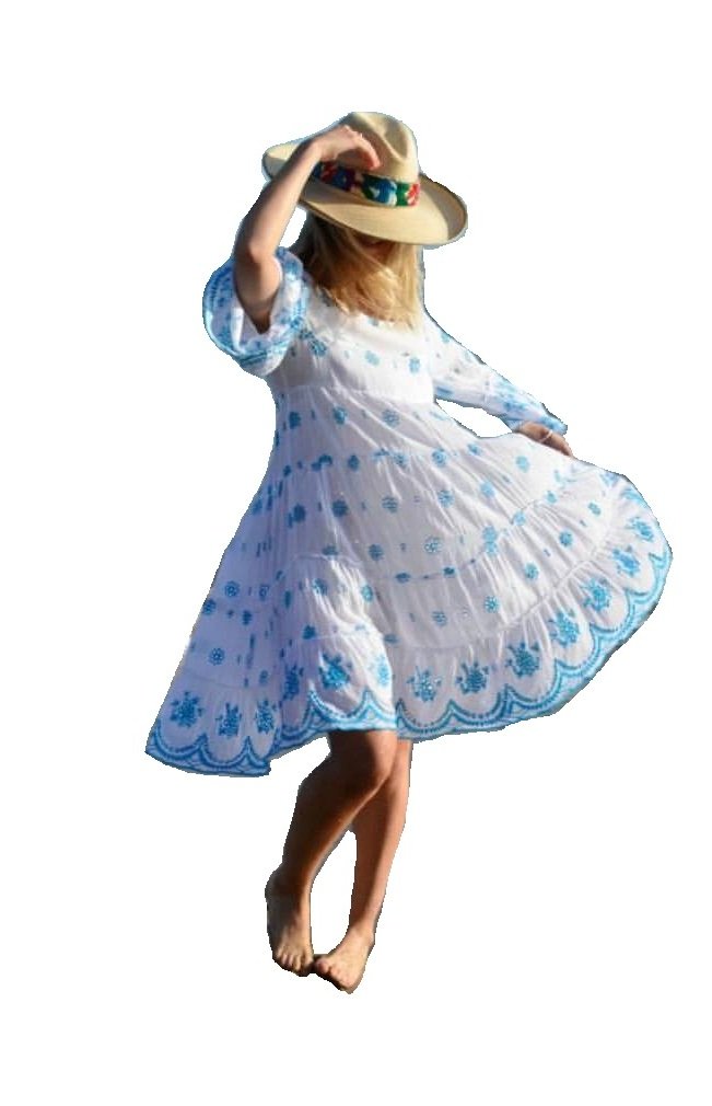 Meena Mahal Azure Embroidered Eyelet Summer Dress - Hand Embroidered Beach Wrap Cover Up | Perfect for Vacations, Pool Parties & Tropical Getaways