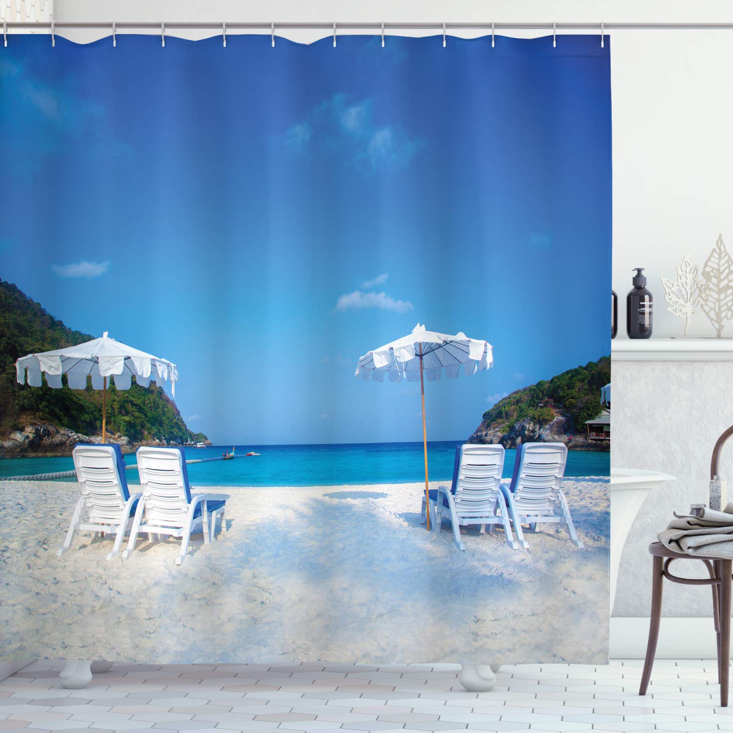 Ambesonne Coastal Beach Shower Curtain - Sandy Shore with Chairs & Umbrellas Ocean View Design, 69x75 Inch Waterproof Fabric Bathroom Decor with Hooks, White & Blue - Perfect for Beach House, Coastal Theme Bathroom or Vacation Home Decor