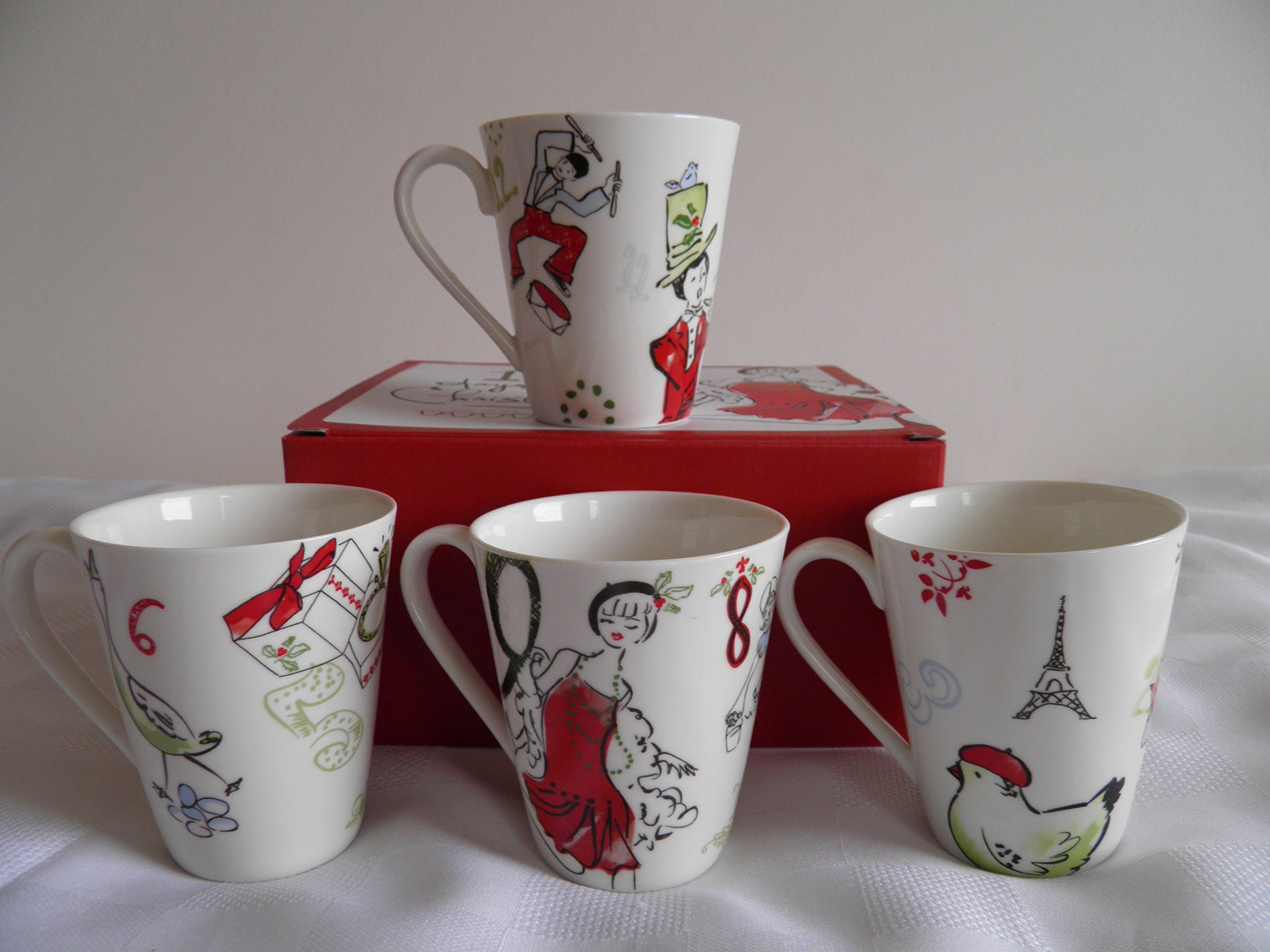 12 Days of Christmas 12 oz Coffee Mugs Set of 4 - Holiday Themed Ceramic Cups for Hot Cocoa, Tea & Coffee - Perfect for Christmas Gifts, Office Parties & Cozy Winter Mornings