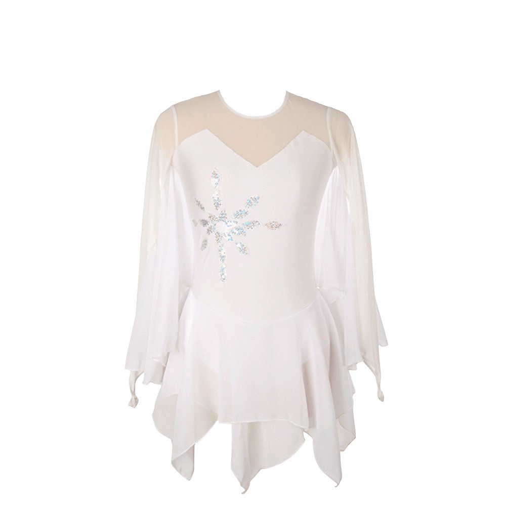 Girls & Ladies Ice Figure Skating Dress - Long Sleeve Beaded Roller Skating Costume with Wing Design (White) - Perfect for Competitions, Performances & Ice Shows