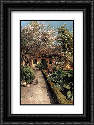 Peder Mork Monsted Watering The Garden 18x24 Inch Black Ornate Framed Art Print with Double Mat - Vintage Landscape Painting for Living Room, Bedroom & Office Decor