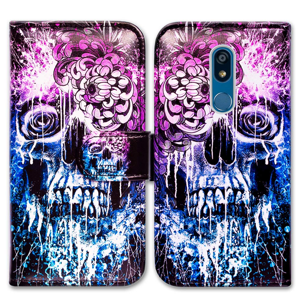Premium Leather Flip Wallet Phone Case for LG K40/K12 Plus/X4/Solo LTE/Harmony 3/Xpression Plus 2 - Rose Eye Skull Design with Card Slots & Kickstand | Perfect for Work, Travel & Everyday Protection