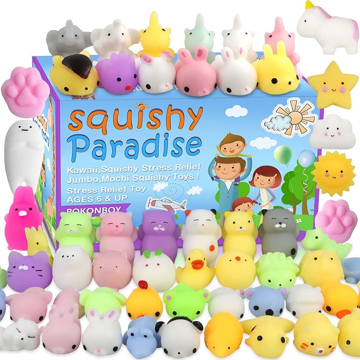 60 Pack Mochi Squishy Toys - Kawaii Stress Relief for Kids & Adults - Party Favors & Carnival Prizes